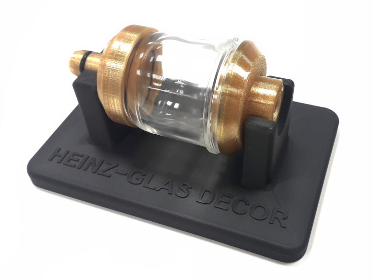 Přípravky pro zakládání flakonů určených k potisku na linkách se sítotiskovými stroji. Výtisk z ultra polymeru Kimya PEI-1010 na 3D tiskárně MiniFactory Ultra